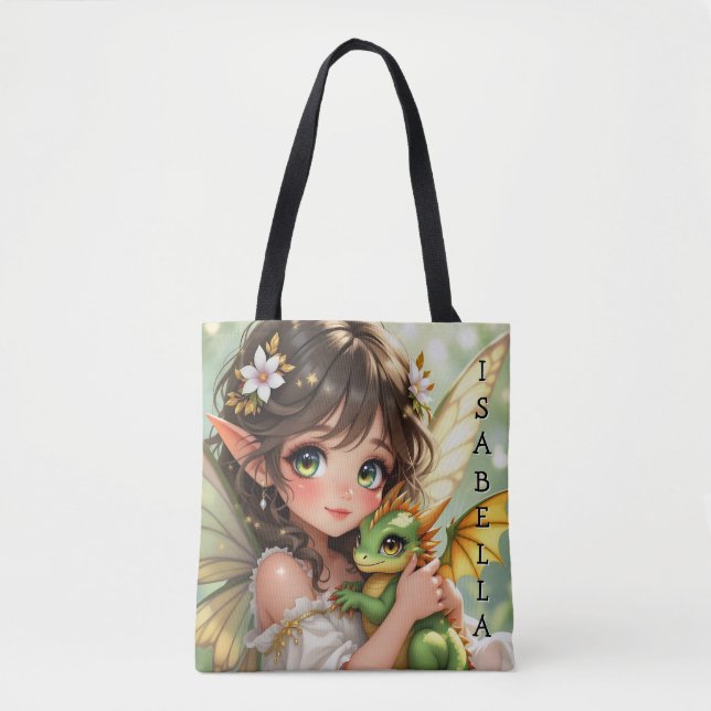 Tote Bag Jolie fée d'anime et dragon Chibi  (Devant)
