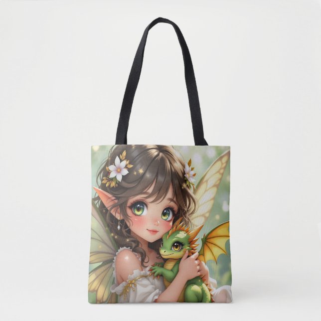Tote Bag Jolie fée d'anime et dragon Chibi  (Devant)
