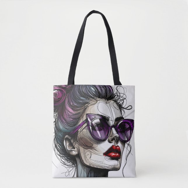 Tote Bag Jolie femme dans les lunettes de soleil et rouge v (Devant)