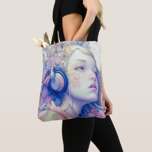 Tote Bag Jolie Fille avec Musique de Casque Écouteurs Art M