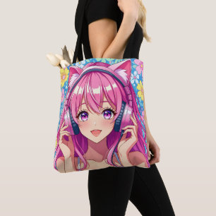 Tote Bag Jolie fille d'anime rose avec casque