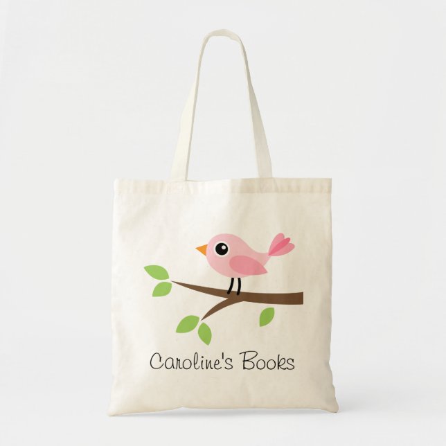Tote Bag Jolie fille d'oiseau rose livre bibliothèque perso (Devant)