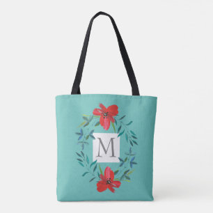 Tote Bag jolie fleur peinte sur bleu ajouter monogramme