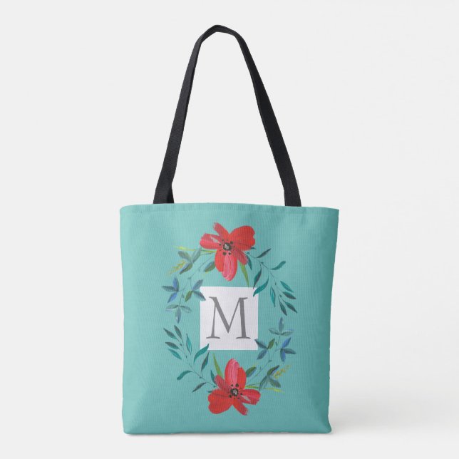 Tote Bag jolie fleur peinte sur bleu ajouter monogramme (Dos)