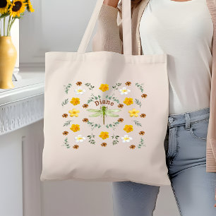 Tote Bag Jolie Fleurs sauvages libellule en or avec nom