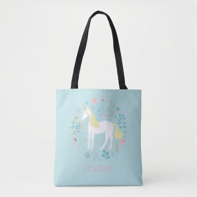 Tote Bag Jolie licorne & Fleurs Aqua Personnalisé (Devant)