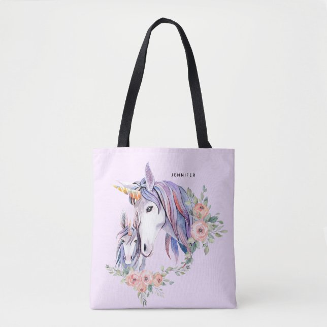 Tote Bag Jolie licorne maman & bébé aquarelle Floral (Devant)