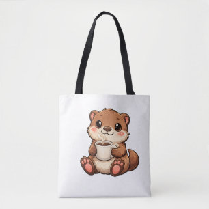 Tote Bag Jolie loutre avec café – Animal Kawaii Cozy