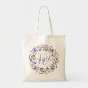 Tote Bag Jolie monogramme floral violet demoiselle d'honneu