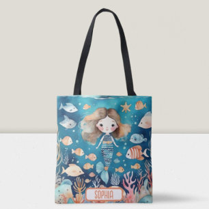 Tote Bag Jolie petite sirène sous la mer avec poisson corai