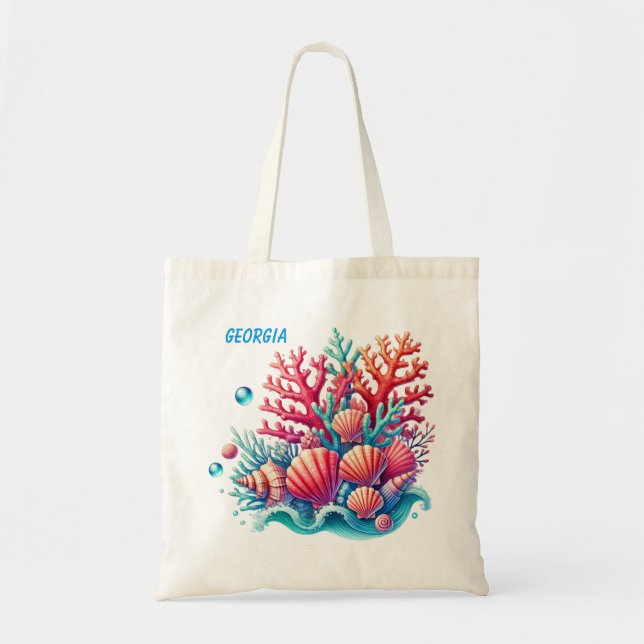 Tote Bag Jolie plage océan corail coquillages ajouter le no (Devant)