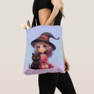 Tote Bag Jolie Sorcière et Chat Noir Halloween Rose et Bleu