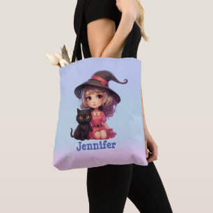 Tote Bag Jolie sorcière et chat noir rose et bleu Halloween