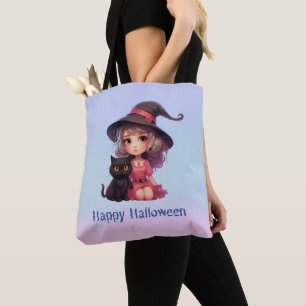 Tote Bag Jolie sorcière et chat noir rose et bleu Halloween