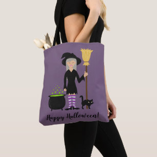 Tote Bag Jolie sorcière et un chat Halloween texte