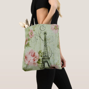 Tote Bag jolie tour de paris fleurie rose à la menthe de pr