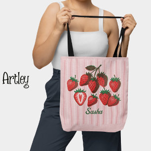 Tote Bag Jolies fraises et rayures au Risographe avec nom p