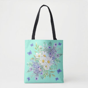 Tote Bag Jolies marguerites, fleurs bleues et papillons