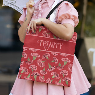 Tote Bag Jolies oeillets roses sur rouge Personnalisé