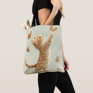 TOTE BAG JOLIMENT PASTEL ORANGE TABBY CUISINE AVEC BUTTERFL