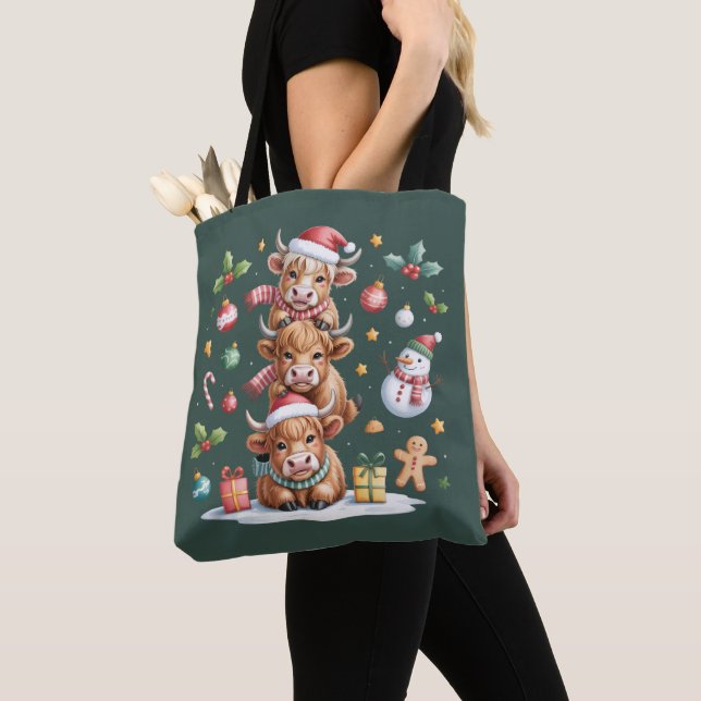 Tote Bag Jolis arbres de Noël de vache des Highlands, choco (De près)