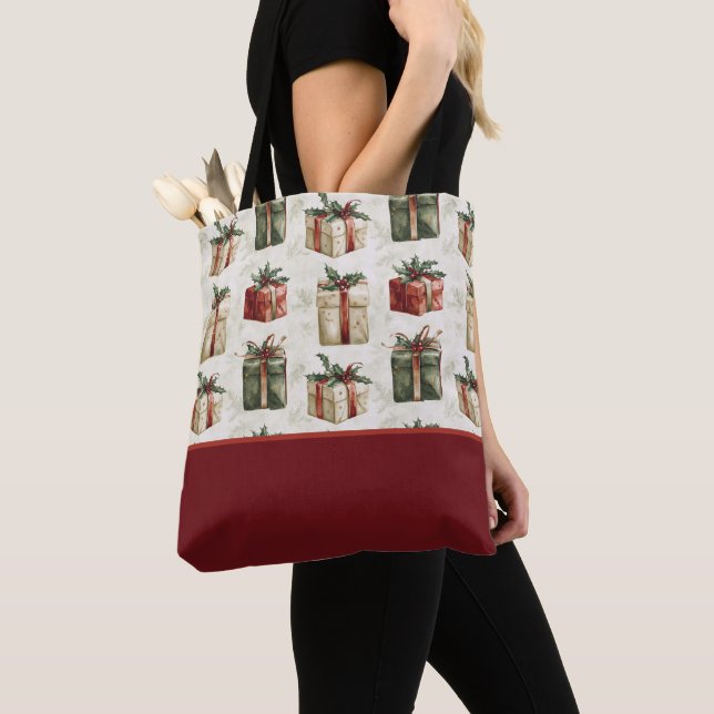 Tote Bag Jolis cadeaux de Noël avec rubans, bloc de couleur (De près)