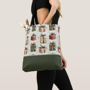 Tote Bag Jolis cadeaux de Noël, houx, bloc de couleur