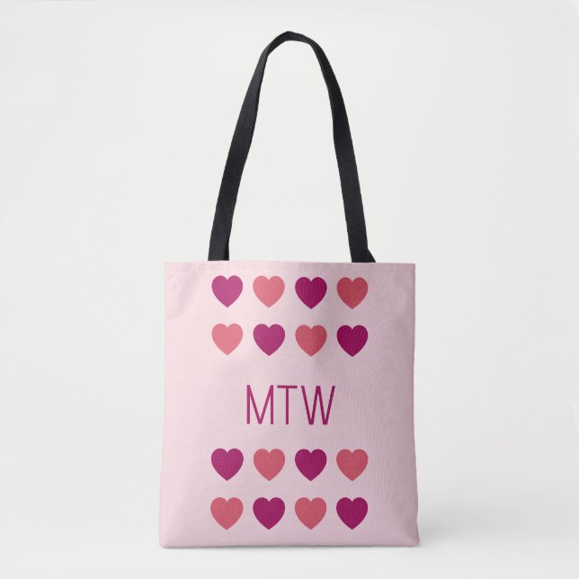 Tote Bag Jolis Cœurs Roses Initiales Monogramme (Devant)