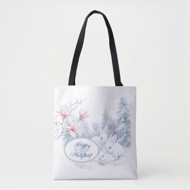 Tote Bag Jolis lapins blancs dans la neige Vacances d'hiver (Devant)