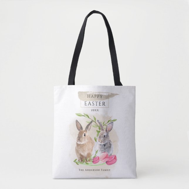 Tote Bag Jolis lapins de Pâques | Joyeuses Pâques Art aquar (Devant)