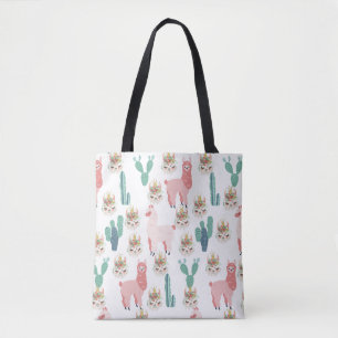 Tote Bag Jolis Llamas Roses et Cactus Vert