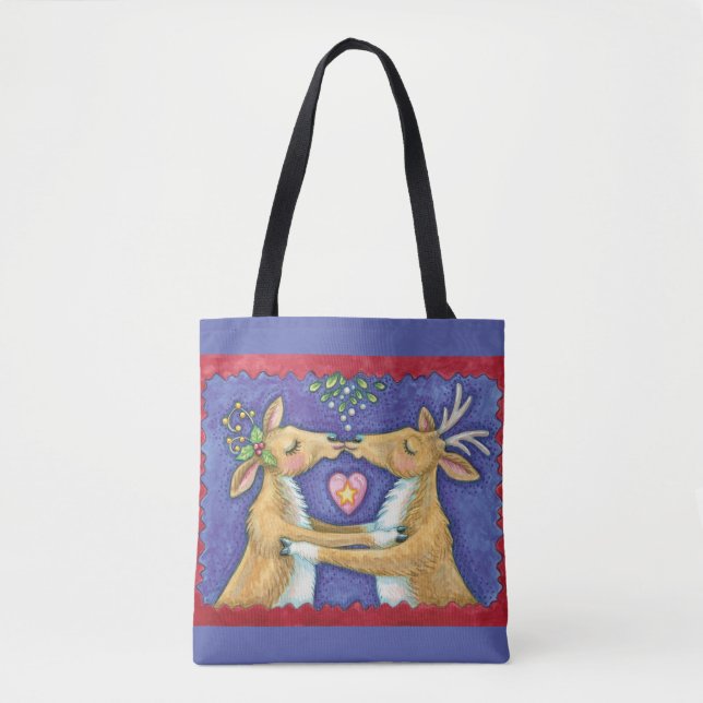 Tote Bag Jolis rennes de Noël, baiser romantique avec gui (Devant)