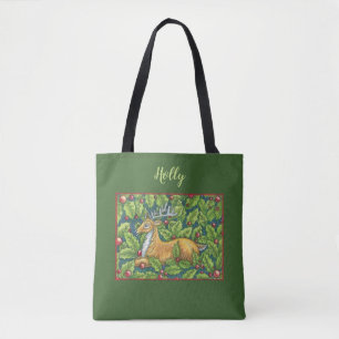 Tote Bag Jolis rennes de Noël dans la forêt avec du houx