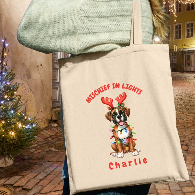 Tote Bag Jolly Aquarelle Joueuse Boxer Festive Lumières Chi (Carry festive cheer with this custom fun Boxer dog tote bag. A perfect gift for dog lovers.)