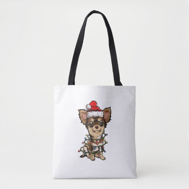 Tote Bag Jote Chihuahua Père Noël Feux de Noël Joyeux Noël (Devant)