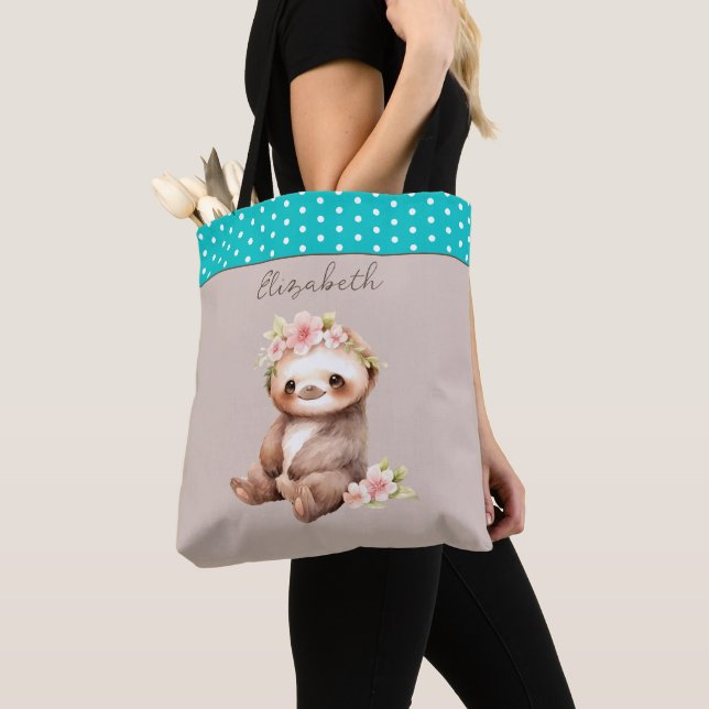 Tote Bag Jote paresse ajouter nom pois turquoise (De près)