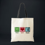 Tote Bag Joueur de rugby Peace Love<br><div class="desc">Peace Love Rugby. Un cadeau d'équipe de sport de rugby cool pour un joueur avec une ligue de football ou une union.</div>