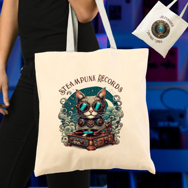 Tote Bag Joueur Steampunk Cat Vinyl Record Personnalisé (Créateur téléchargé)