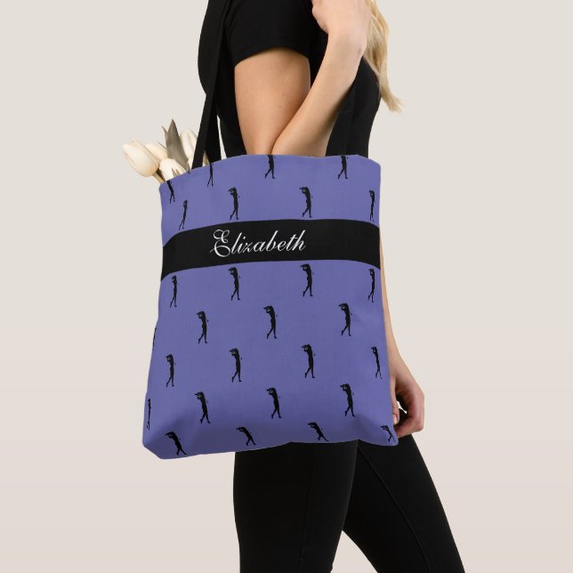 Tote Bag Joueuse de Golf Personnalisé Nom Bleu Pervenche (De près)