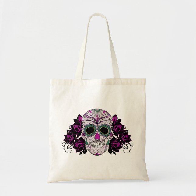 Tote Bag Jour du crâne mort de sucre avec des roses (Devant)