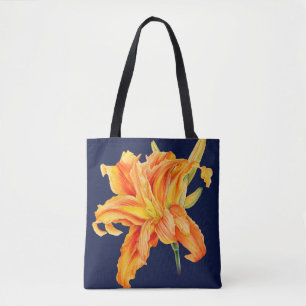 Tote Bag Jour Lily art raffiné orangé et fleur verte