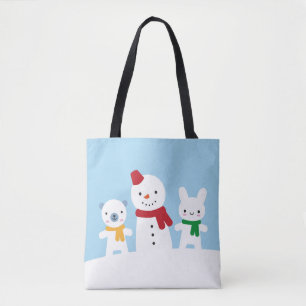 Tote Bag Journée enneigée kawaii avec lapin et ours