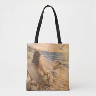 Tote Bag Journée relaxante de plage pour chien en aquarelle
