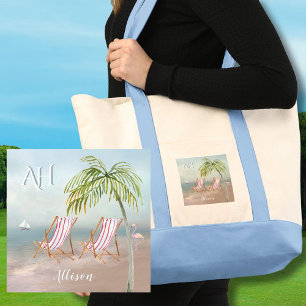 Tote Bag Jovely Watercolor Beach Scene Custom Monogramme No