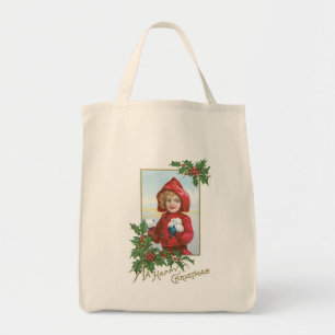Tote Bag Joyeuse Fille de Noël avec Boules de Neige