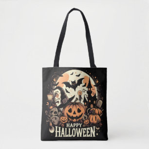 Tote Bag Joyeuse nuit d'Halloween avec citrouille et maison