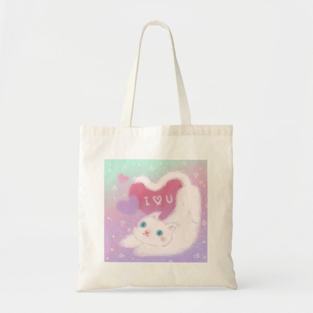 Tote Bag Joyeuse Saint-Valentin avec chat blanc duveteux (Devant)