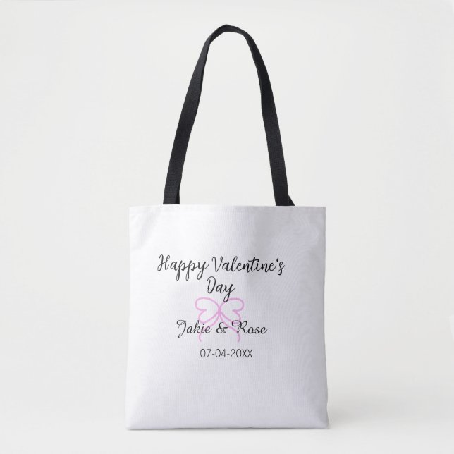 Tote Bag Joyeuse Saint-Valentin cœur rose ruban nom date st (Devant)