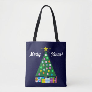 Tote Bag Joyeuses fêtes Arbre de Noël vert : Bleu foncé