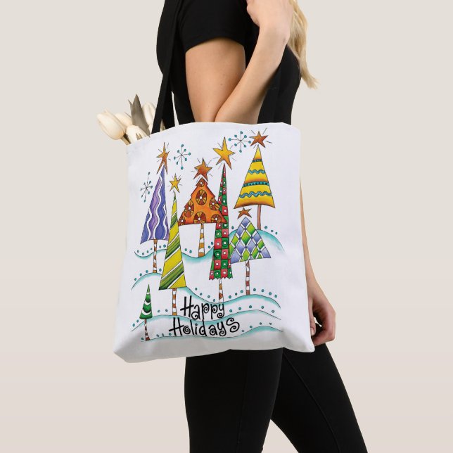 Tote Bag Joyeuses Fêtes ! Jolis Arbres de Noël avec Étoiles (De près)